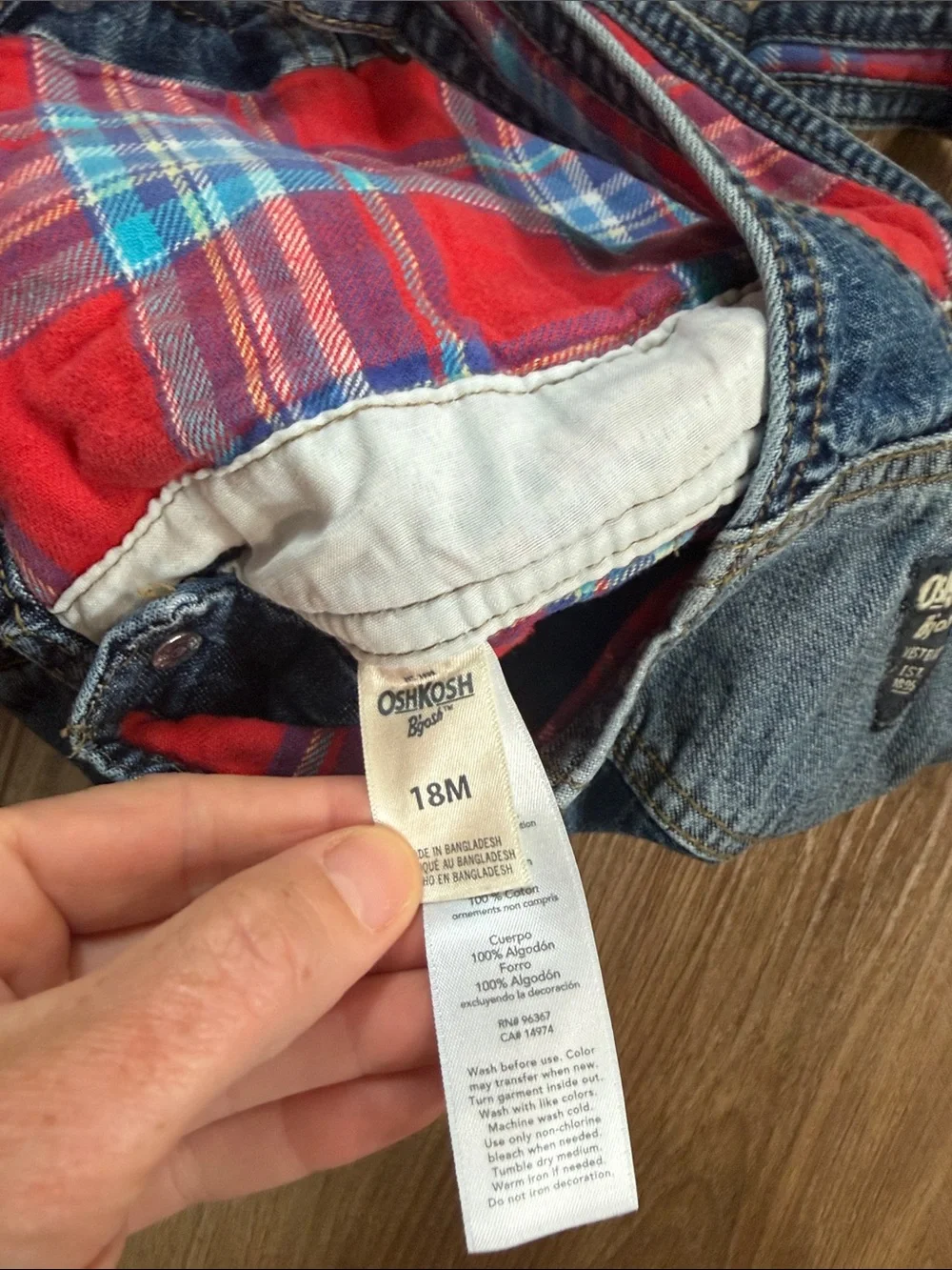 OskKosh B'gosh Denim Overalls Red Flannel  Lining Snap Up Legs Toddler Size 18M